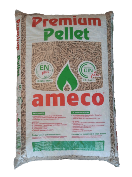 L'immagine raffigura un pacco di pellet da 15 kg della marca Ameco