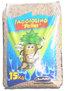 L'immagine raffigura un pacco di pellet da 15 kg della marca Eco pellet Faggiolino