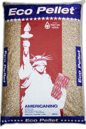 L'immagine raffigura un pacco di pellet da 15 kg della marca Eco pellet Americano