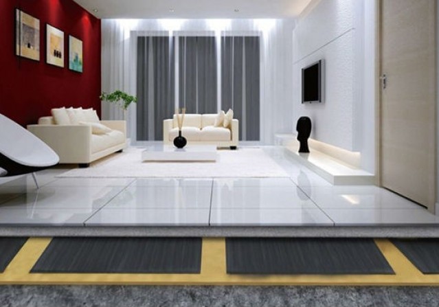 Elegante immagine di salotto con riscaldamento elettrico a pavimento